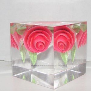 Vtg. Russ MCM Acrylic/Lucite Pink Rose Paperweight